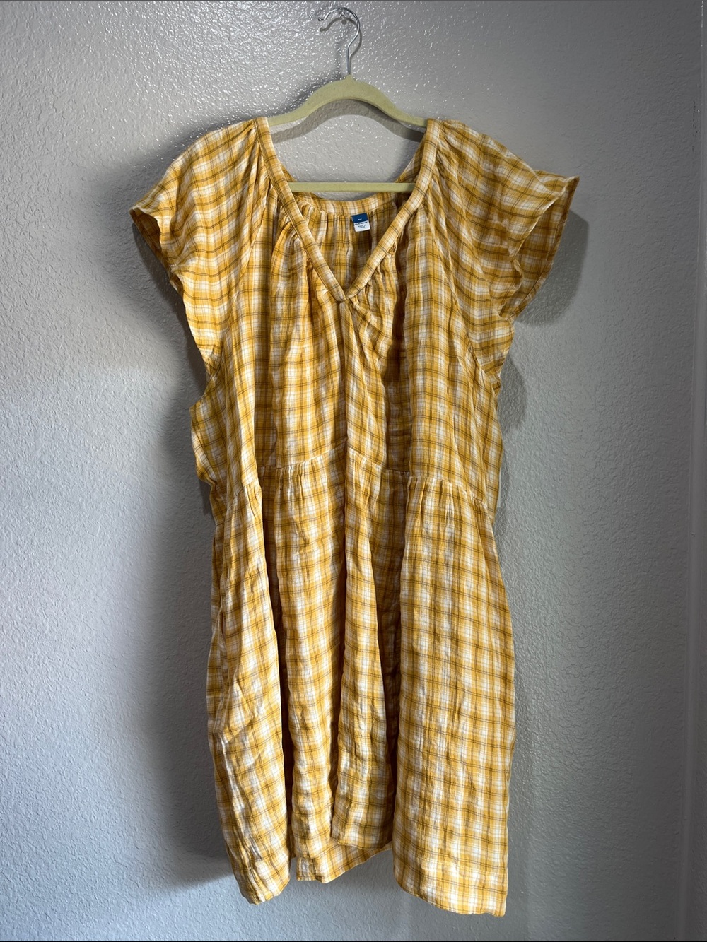 Old Navy Yellow Plaid V-Neck Midi Dress Sz 4X Boho Cottage Core Casual Chic